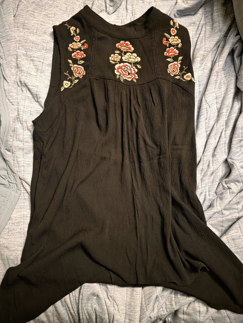 Maurices Black Sleeveless Top with Floral Embroidered Details